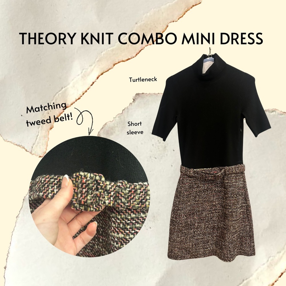 Theory Knit Combo Mini Dress Black and Multi Tweed